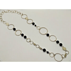 Silver Tone - Black Beaded Long Necklace